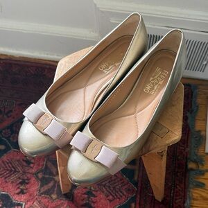 Salvatore Ferragamo Metallic Gold Leather Bow Flats